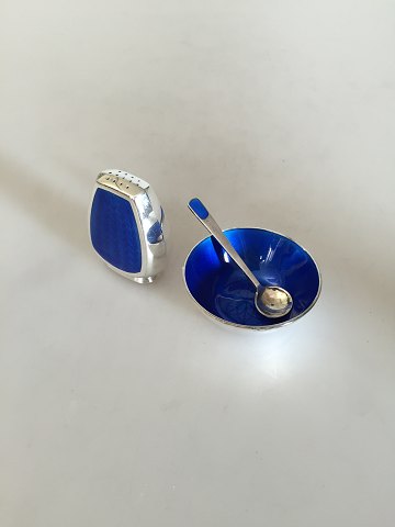 Anton Michelsen Salt & Pepper set in Sterling Silver with blue enamel.