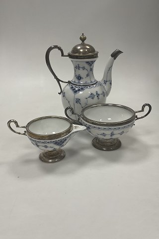 Royal Copenhagen Half Lace Coffee Pot, Creamer and Sugar Bowl with metal mounting